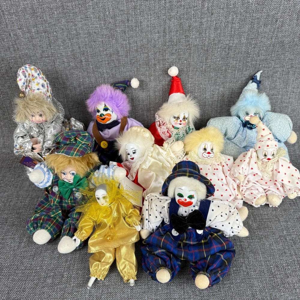 Classic Treasures Porcelain Clown Doll Vintage Hand Painted Lot of 10